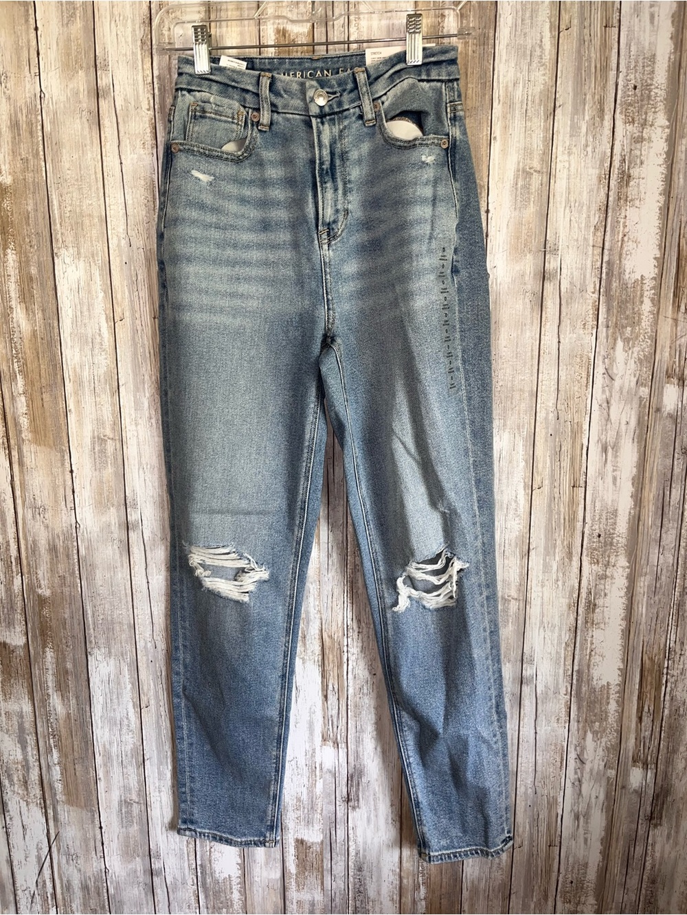 American Eagle Curvy Mom Jeans Size 0 High Rise Distressed Stretch NWT